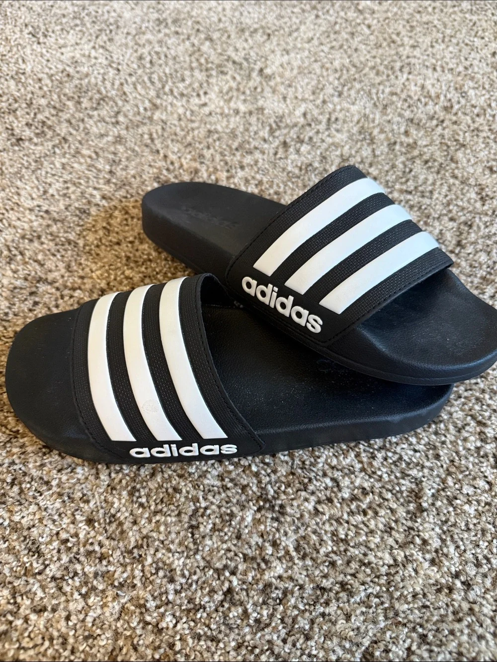adidas Black and White Slide Sandals with Three Stripes